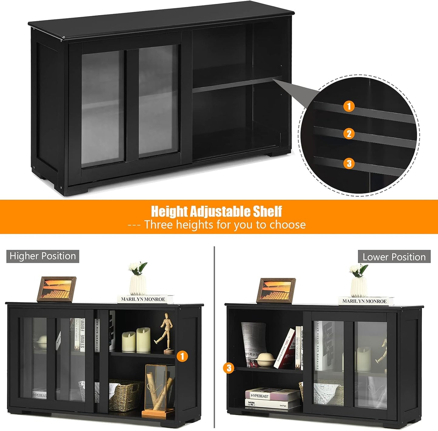 Costzon Sideboard Buffet Cabinet, Wooden Kitchen Storage Cabinet with Adjustable Shelf, Sliding Glass Doors, Accent Coffee Bar Cabinet Console Table for Living Room, Dining Room, Hallway (Black)