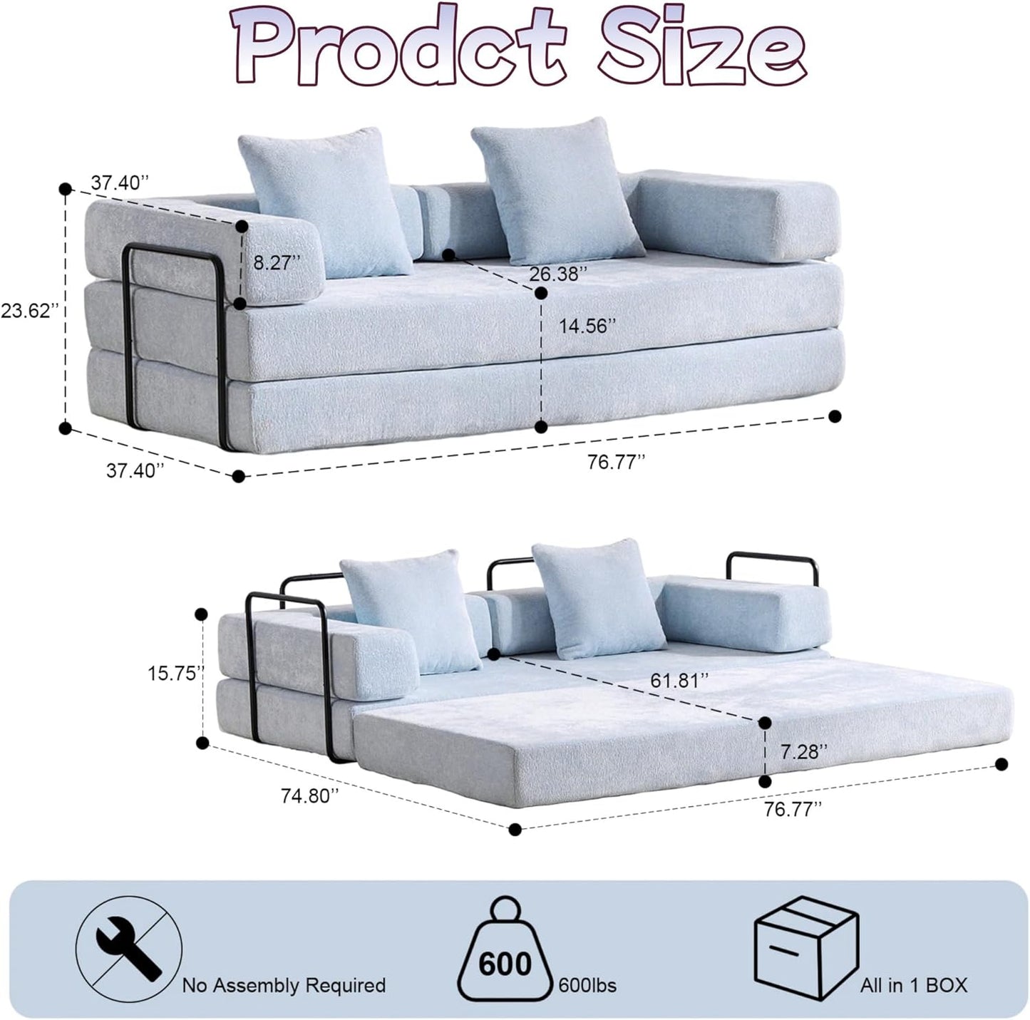Convertible Sofa Bed, Compression Futon Sofa with Pillows & Armrest, Foldable Mattress Couch with Fixed-Shape Frame, Comfy Couch Lounge Sleeper Bed for Living Room Bedroom, Light Blue
