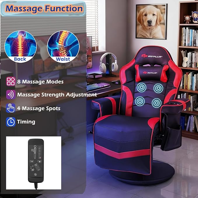 POWERSTONE Gaming Recliner, Adjustable Massage Gaming Chair with Cup Holder Footrest Ergonomic Single Sofa Living Room Home Theater Seating with Side Pouch (Red)