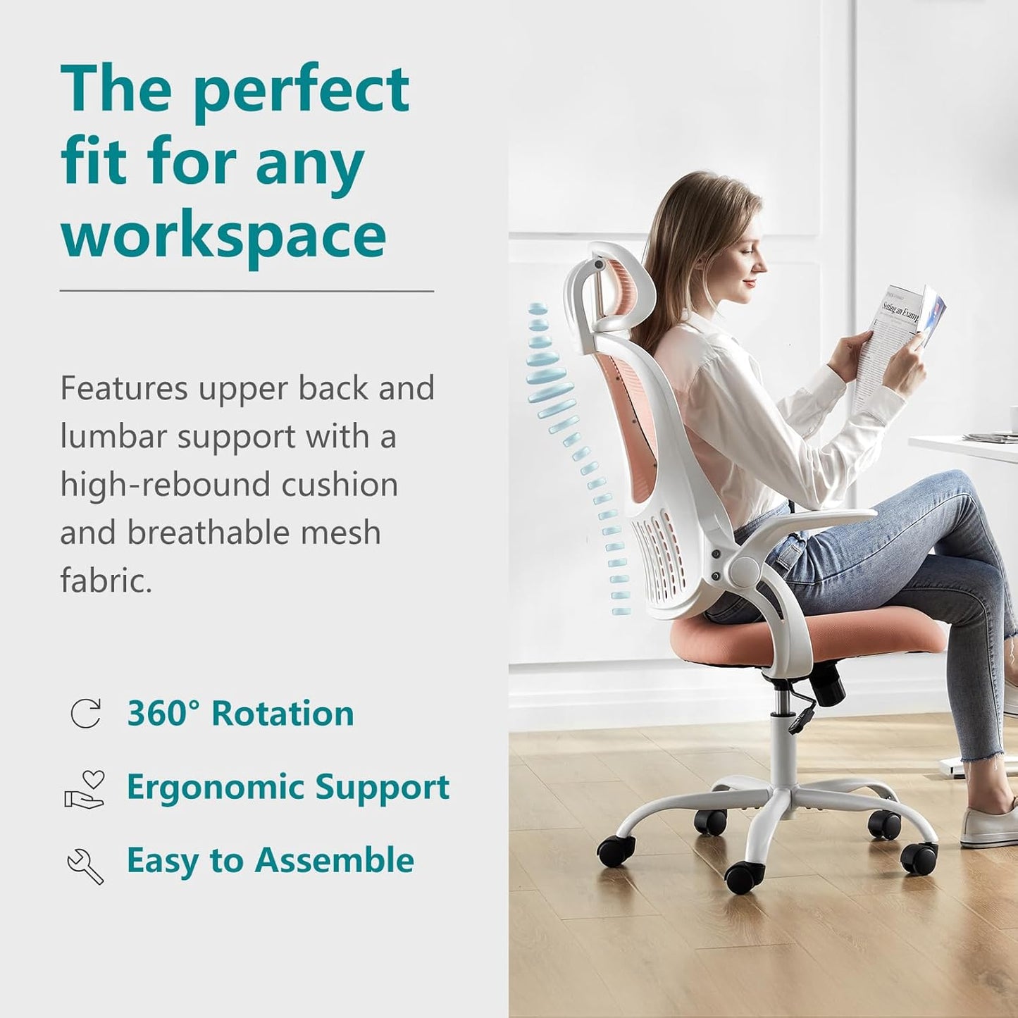 SMUG Office Desk Chair - Ergonomic High Back Computer Task Chair with Comfy Lumbar Support and Adjustable Headest, 360° Swivel, Flip-up Armrest for Home, Bedroom, Gaming, Study, Student, Pink