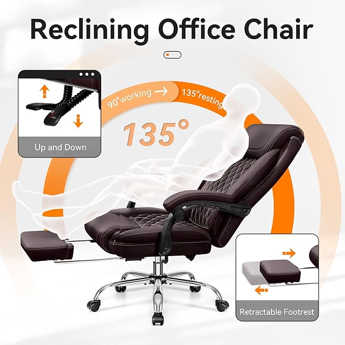 Office Chair, Executive Leather Chair Adjustable High Back, Ergonomic Computer Desk Chair Lumbar Support, Big and Tall Office Chair with Footrest, Comfy Reclining Chair for Home Office