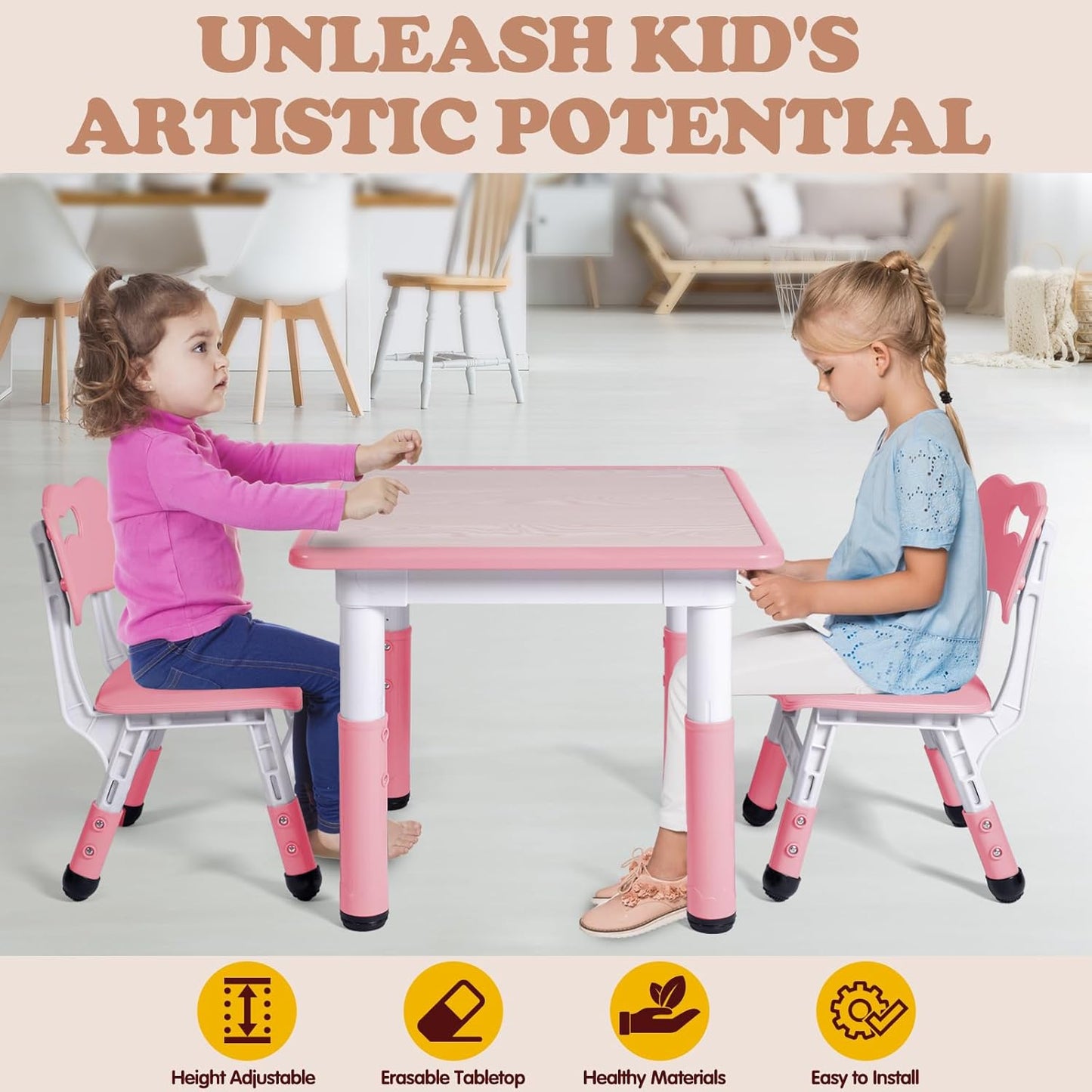 Kids Table and 2 Chairs Set, Height Adjustable Toddler Study Table and Chair Set, Kid Size for Ages 3-8 Children, Graffiti Desktop, Easy to Wipe/Arts & Crafts, Homes/Classrooms/Daycare (Pink)
