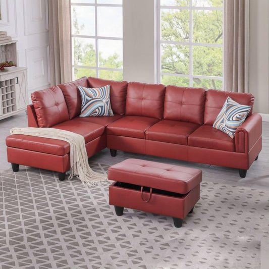 Red L-Shaped 3-Piece Faux Leather Sofa with Storage Ottoman Set, Sectional Couch Sofa Set for Living Room, Office, Small Space