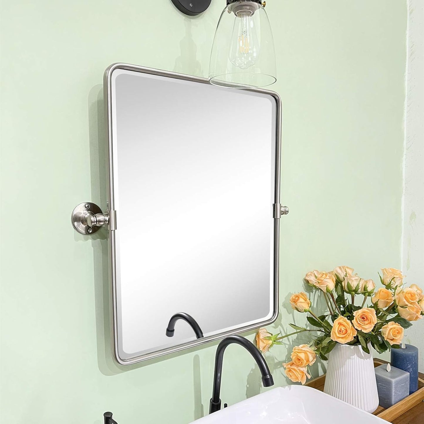 TEHOME 20 x 24 inch Farmhouse Nickel Metal Framed Pivot Rectangle Bathroom Mirror Rounded Rectangluar Tilting Beveled Vanity Mirrors for Wall