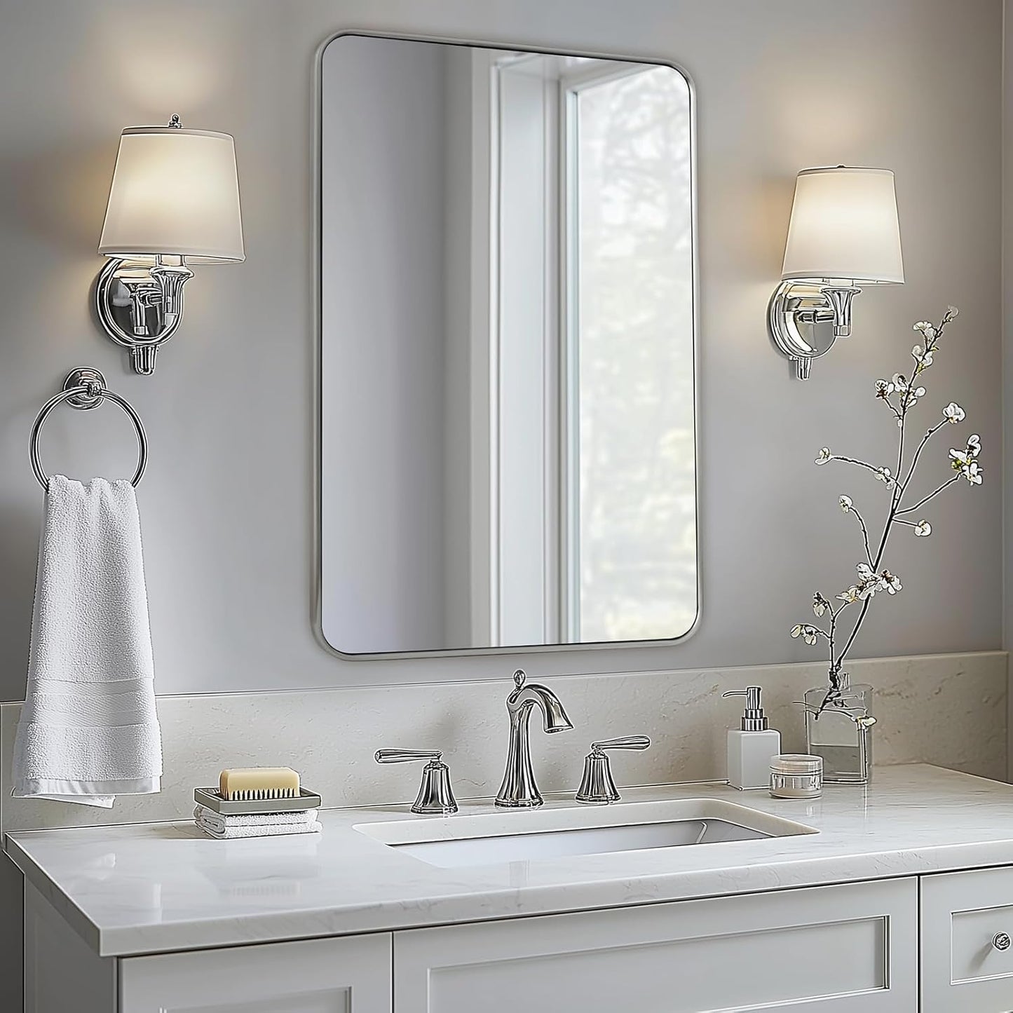 ANDY STAR Brushed Nickel Mirror, Stainless Steel Metal Frame 24x36 Inch Bathroom Mirror for Over Sink, Modern Rounded Corner Slim Silver Vanity Mirror for Wall Mounted Horizontally or Vertically