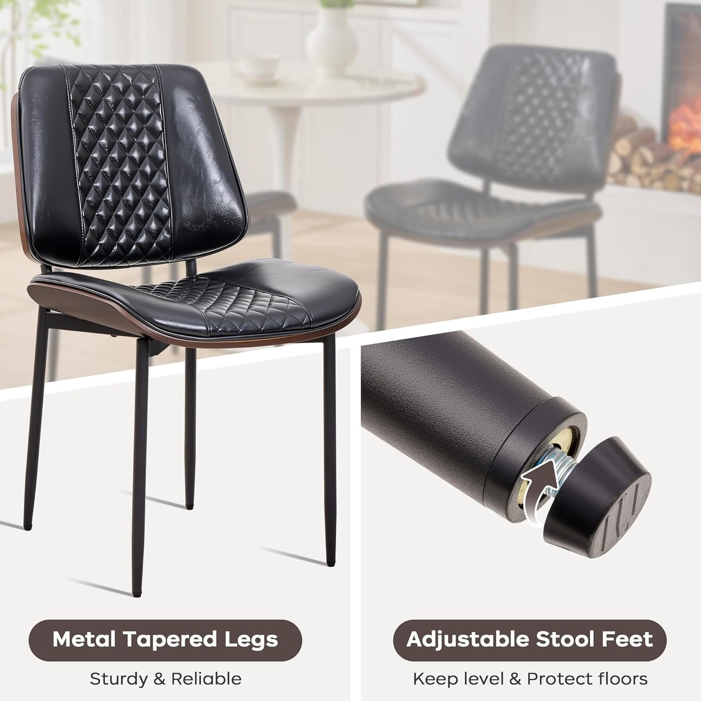 Dining Chairs Set of 4, Upholstered PU Leather Armless Chair, Mid Century Modern Dining Room Chairs, Retro Walnut Bentwood Kitchen Chair with Metal Legs and Adjustable Feet, Black