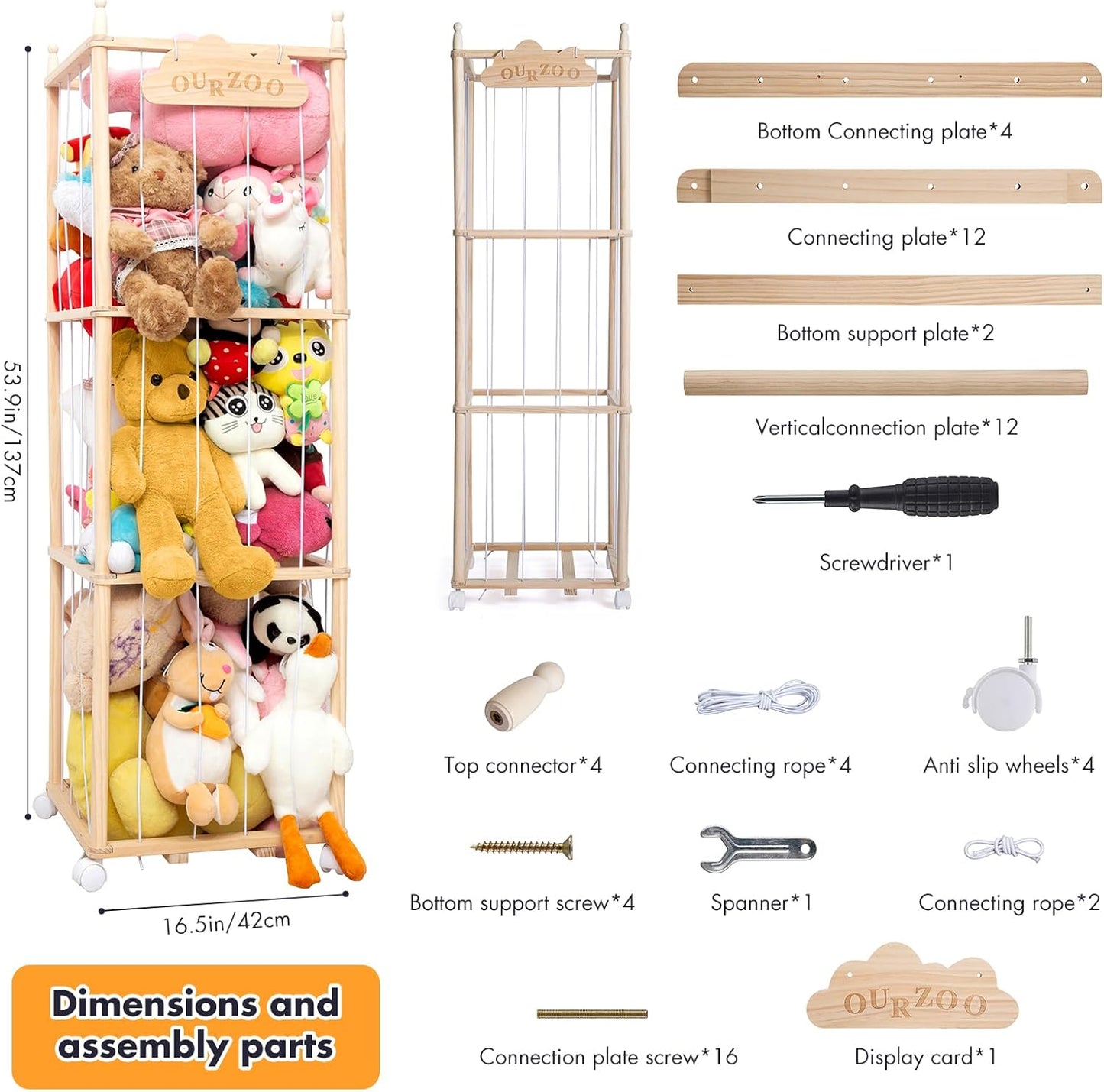 Stuffed Animal Storage Organizer, Zoo Toy Storage Holder with Wheels, Extra Large Capacity Wooden Stuffed Animals Storage Cage, Soft Toy Stuffed Animal Holder Tower for Nursery Playroom Bedroom