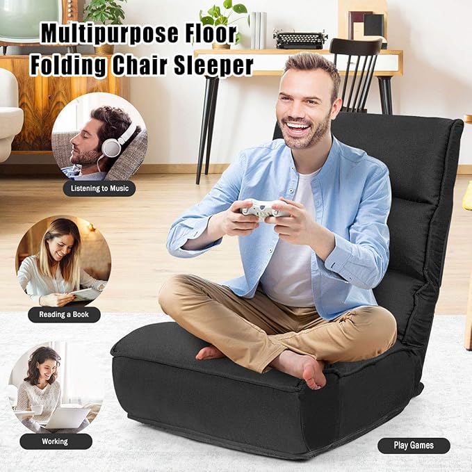 DORTALA Foldable Floor Chair for Adults, Memory Foam Gaming Chair w/ 5-Position Adjustable Head and Back Support, Indoor Seat for Bedroom, Living Room, Gaming Room, Black