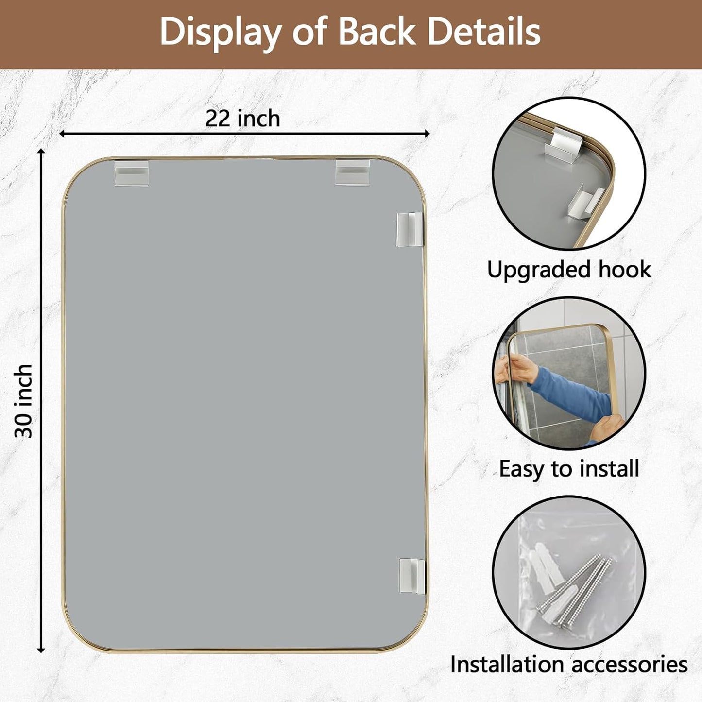 Gold Mirror, 22x30 Inch Framed Rectangle Mirror with Rounded Corner, Brushed Brass Mirror, Gold Bathroom Mirror for Over Sink, Vanity, Living Room, Bedroom, Horizontal/Vertical