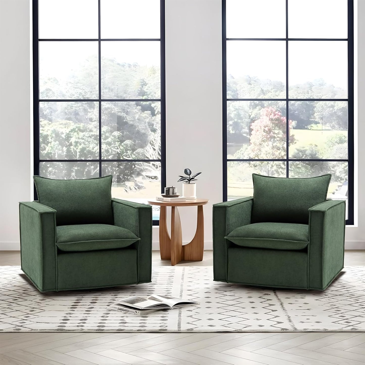 Swivel Accent Chair, 34 Inches Wide Upholstered Arm Chair with Plump Back Pillow, Modern Sofa Living Room Chair for Bedroom, Corner, Reading Nook-Green