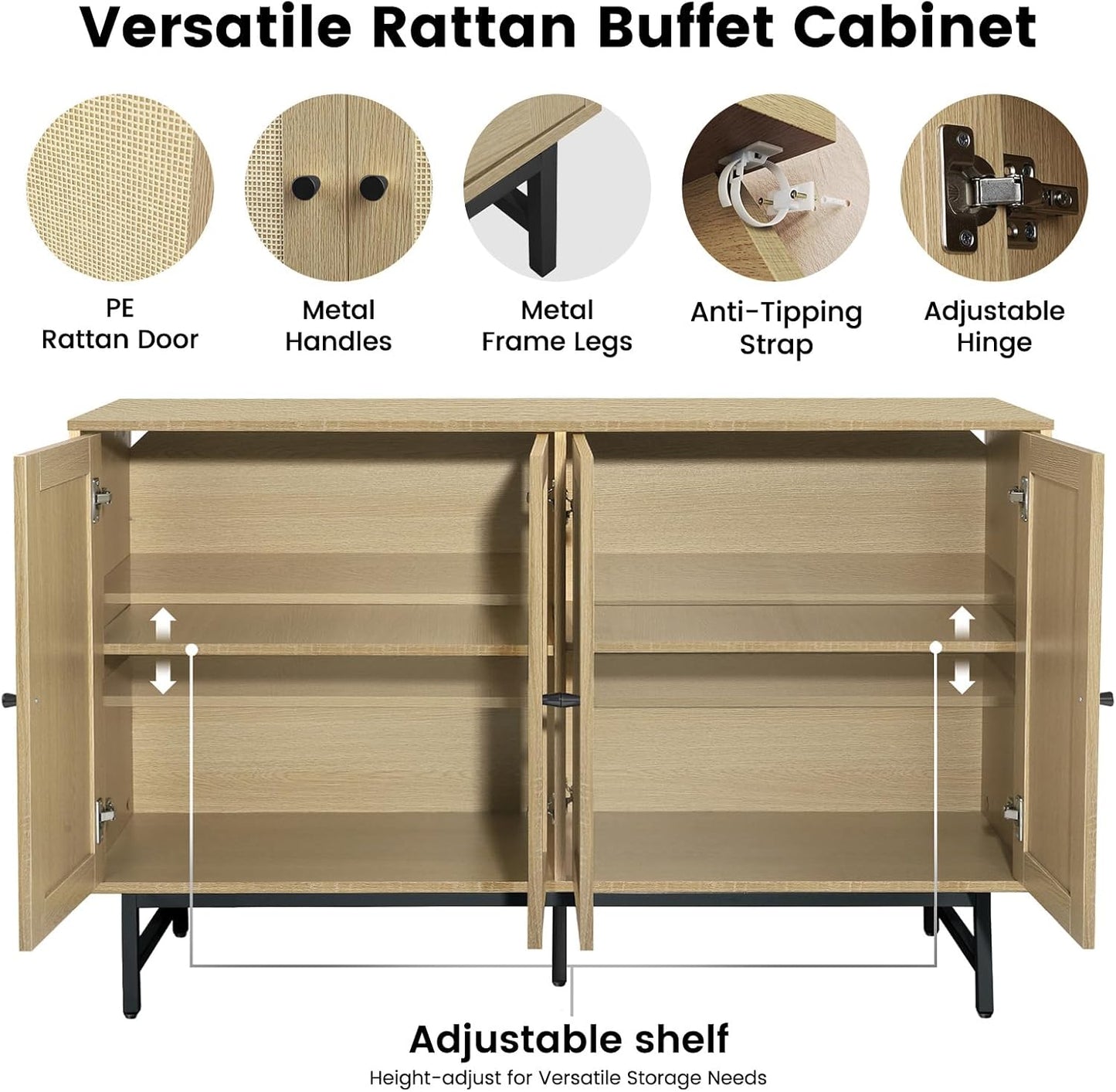 Sideboard Buffets Cabinet with 4 Rattan Doors, Large Storage Accent Cabinet Credenzas Modern Console Table for Living Room, Kitchen (Natural)