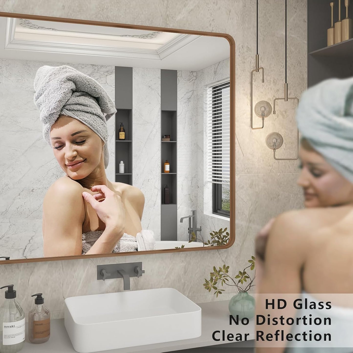 48x30 Inch Gold Bathroom Mirror for Wall, Brushed Brass Metal Framed Gold Vanity Mirror, Rounded Rectangle Golden Mirror, Shatterproof, Anti-Rust (Horizontal/Vertical)