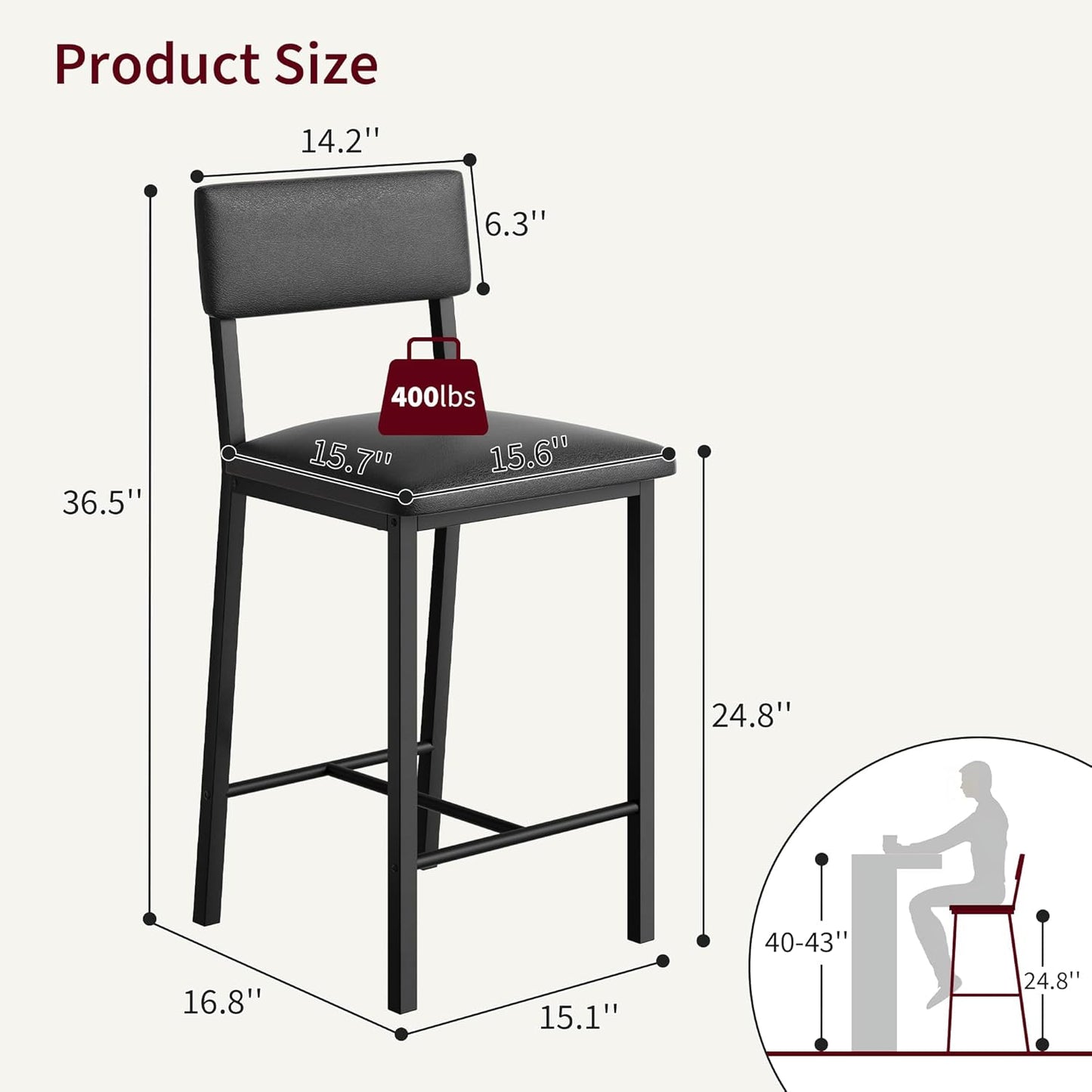 Garvee Bar Stools Set of 2, Kitchen Barstools with Thick Cushion, 25 Inch Counter Height Bar Stools with Backrest and Footrest, for Dining Room, Kitchen Island Counter Chairs, Retro Black