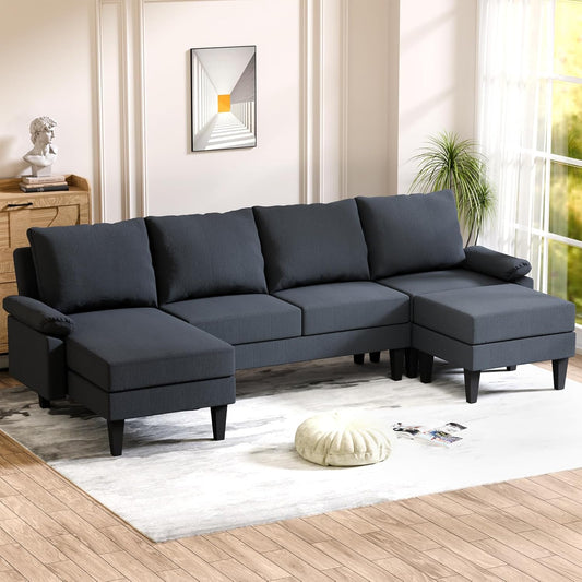 U Shaped Sectional Couch, Convertible Modular Sectional Sofa with Chaise & Ottomans, Modern 6 Seat U Shaped Couches for Living Room Apartment, Blue