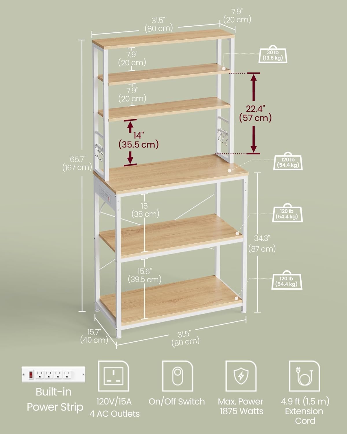 VASAGLE Bakers Rack with Power Outlet, 31.5 Inches Coffee Bar for Kitchen with Storage, 6-Tier Kitchen Shelves with 6 Hooks, Microwave Stand, Golden Oak and White UKKS119Y01