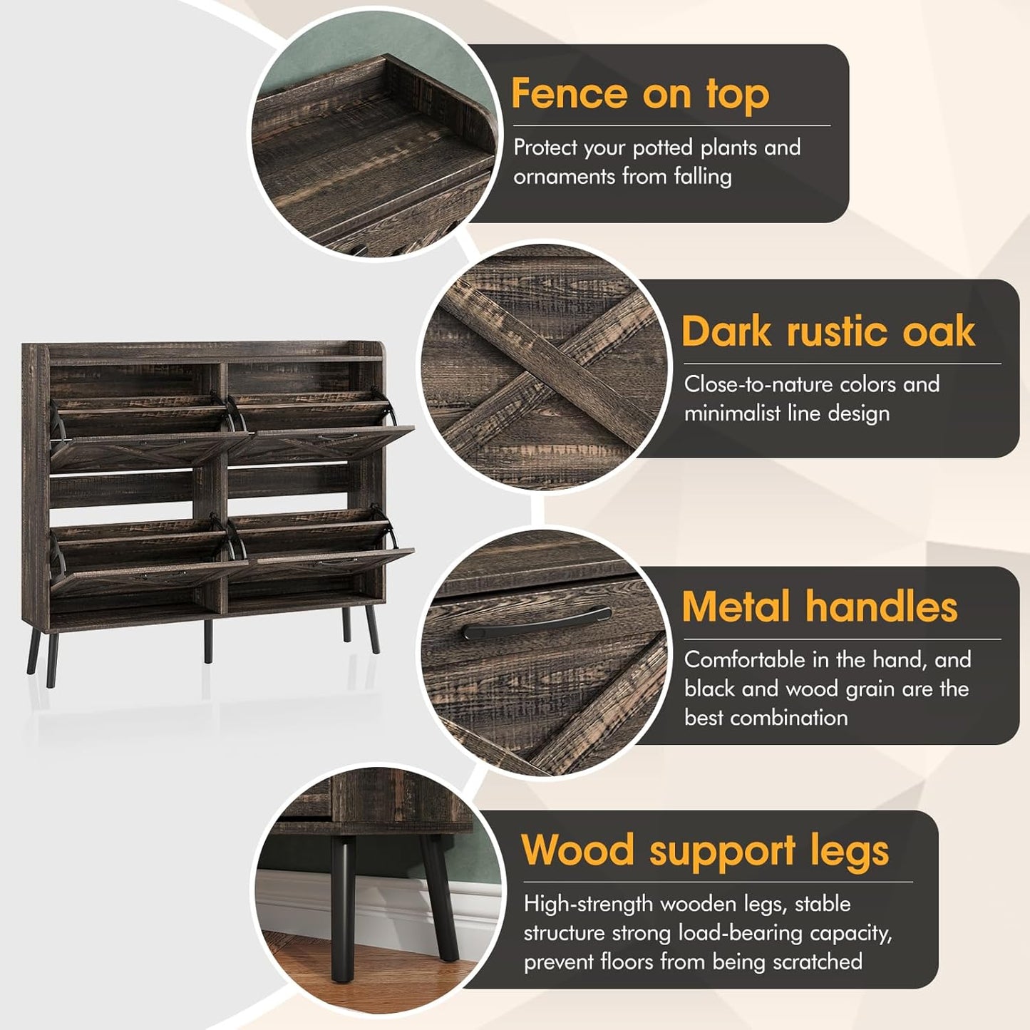 Maupvit Large Shoe Storage Cabinet with 4 Flip Drawers, Narrow Shoe Cabinet for Entryway with Wooden Legs, Freestanding Hidden Shoe Rack Organizer ＆ Metal Hinges, Dark Rustic Oak