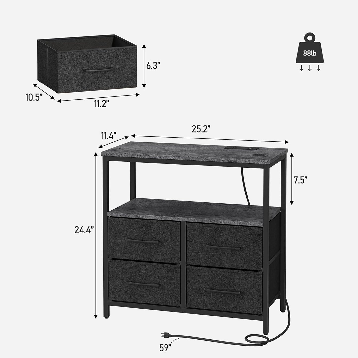 TUTOTAK LED Night Stand with Charging Station, Large Nightstand with USB and Type-C Port, Bedside Table with Cloth Drawers, End Table for Livingroom, Bedroom, Charcoal Grey TB01BY081L