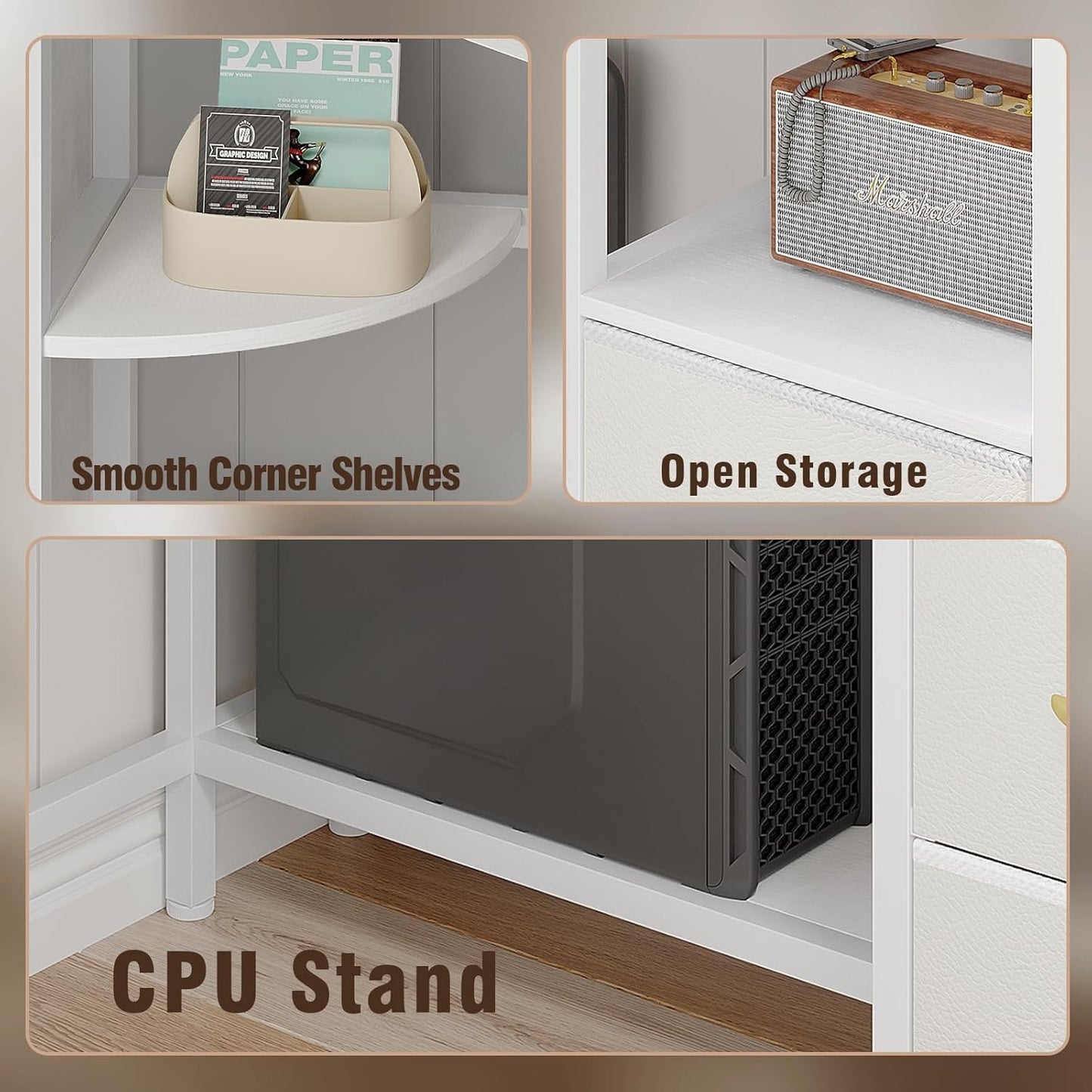 Corner Desk with 6 Drawers Shelves for Small Space Computer Desk with Power Outlets,Gaming Desk with Printer Monitor Stand Storage for Home Office Workstation Writing Table (White, 31.5)