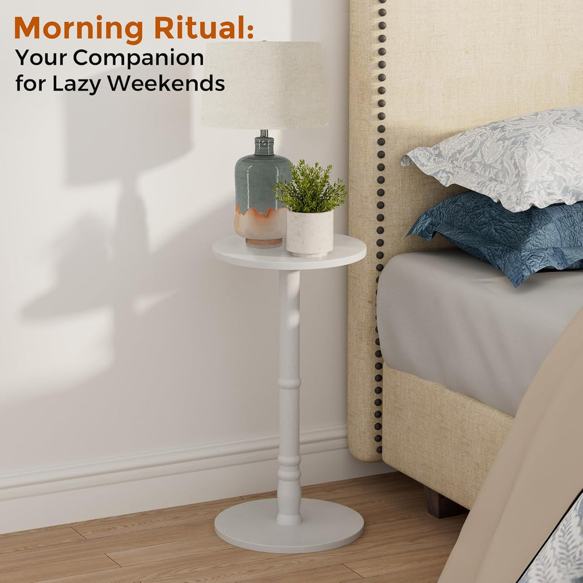 Round Side Table, Solid Wood Pillar with Wood Top & Base, Small Drink Accent Table for Living Room, Bedroom, Sofa & Office, Easy Assembly, White