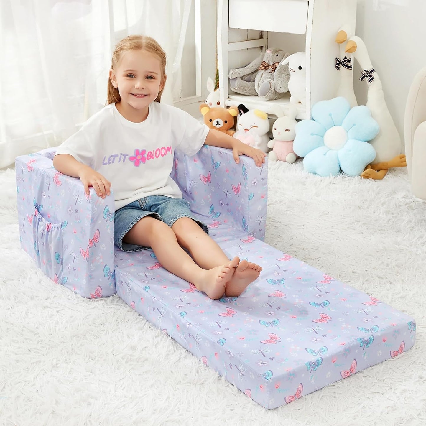 Viviland Kids Chairs for Toddler,2-in-1 Soft Toddler Couch Fold Out,Convertible Soft to Lounger Toddke Chair Comfy for Girls and Boys,Purple Butterfly