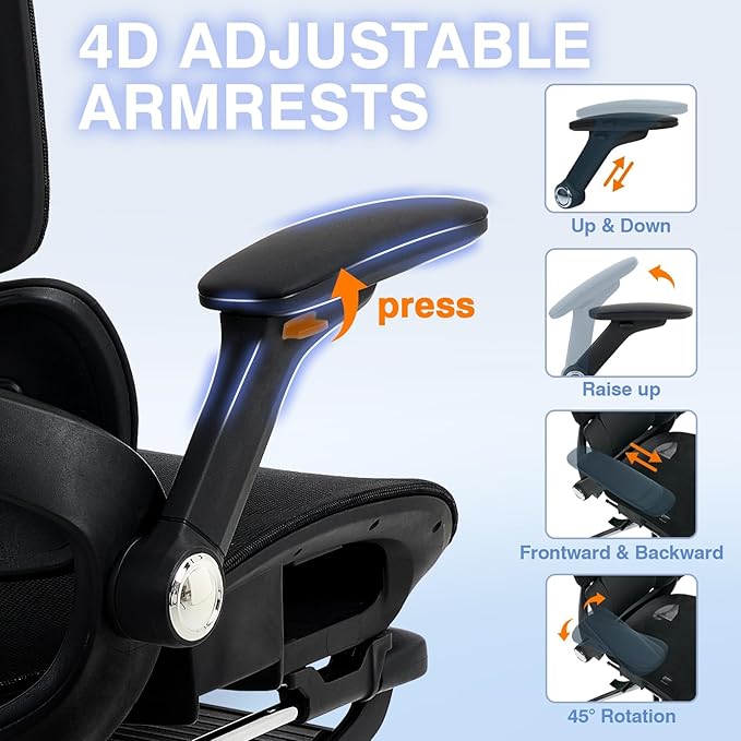 Ergonomic Office Chair with Footrest, High Back Desk Chair Computer Gaming Chairs with 4D Armrests, Adjustable 3-Zone Dynamic Lumbar Support, Ergonomic Mesh Chairs with Wheels, Black