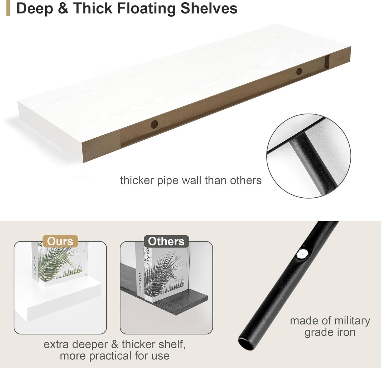 Heimlove Bathroom 12" Deep Floating Shelves for Wall Shelf Over Toilet Wall Mounted Farmhouse Long 55 inches Set of 1, Farmhouse Shelves with Invisible Brackets for Living Room, Kitchen, Bedroom,White