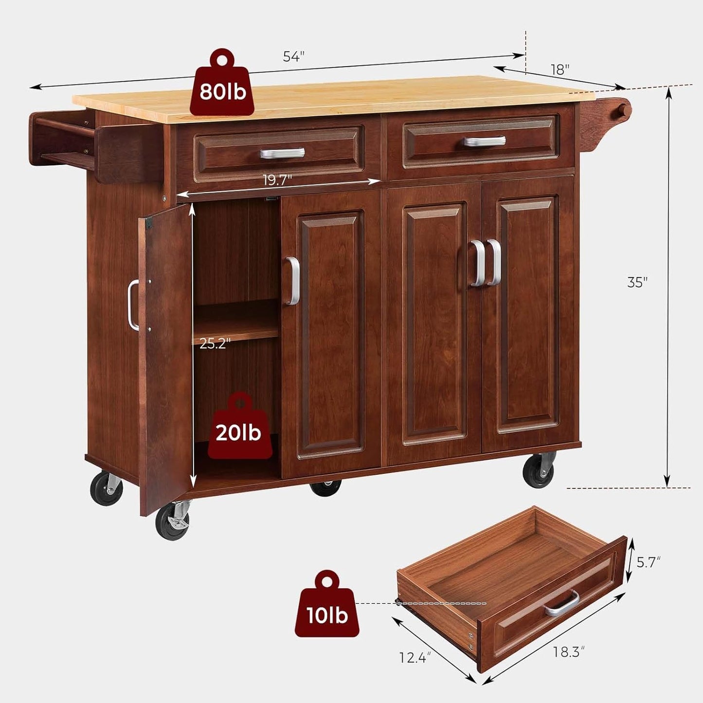 Walnut 54" Rolling Kitchen Island on Wheels, Large Kitchen Cart with Storage Cabinet, Portable Wood Island Table with 2 Drawers and Spice Rack & Towel Rack, Brown