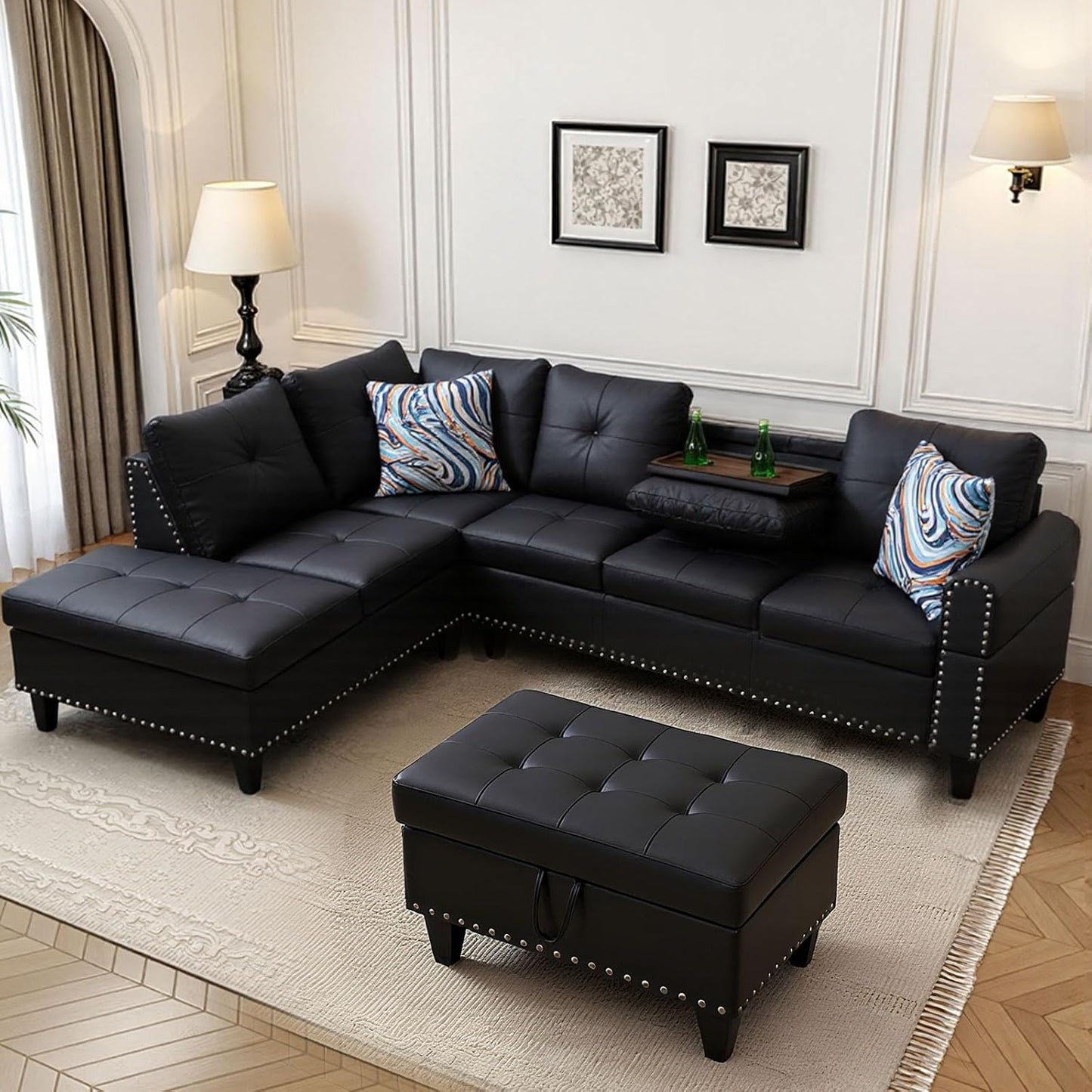 L Shaped Sectional Couch with Cup Holders, 97" Sectional Sofa for Living Room Modular Couches with Otttoman for Bedroom, Apartments