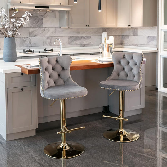 PacknWood Acosure Golden Swivel Velvet Barstools Adjusatble Seat Height from 25-33" with Comfortable Tufted,Modern Upholstered Chrome Base Bar Chairs,for Home Pub Kitchen,Gray,Set of 2