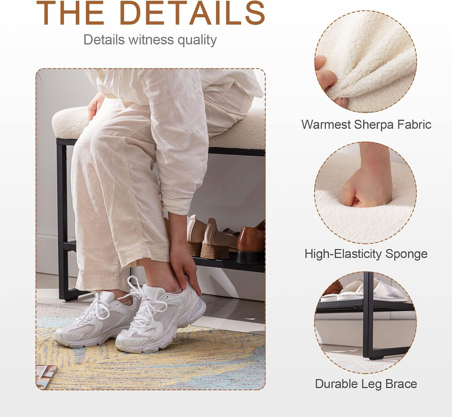 Zesthouse Boucle Shoe Bench Entryway with Storage, Upholstered Bench for Bedroom End of Bed, Metal Shoe Rack for Closet Hallway Doorway Living Room Mudroom, White