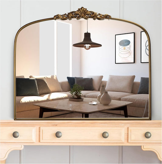 Vintage Gold Arched Wall Mirror 36"x30" – Ornate Baroque Style Antique Brass Frame, Decorative Large Mirror for Entryway, Living Room, Fireplace, Hallway, Bathroom