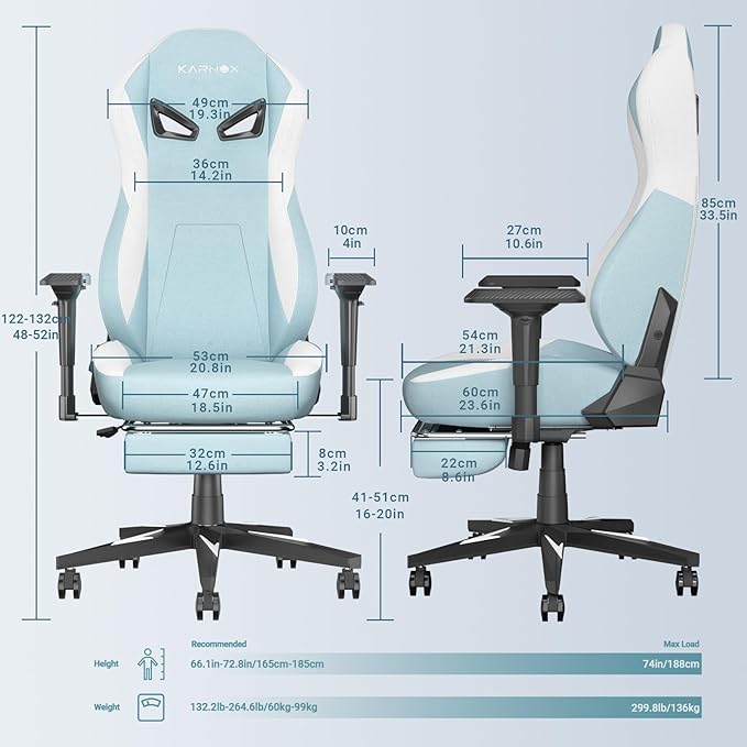 KORNOX Ergonomic Gaming Chair Fabric with Footrest for Adults,Office Chair High Back,Game Chair Racing Cloth Height Adjustable,Game Chair with Headrest and Lumbar Support for Girls,White and Blue