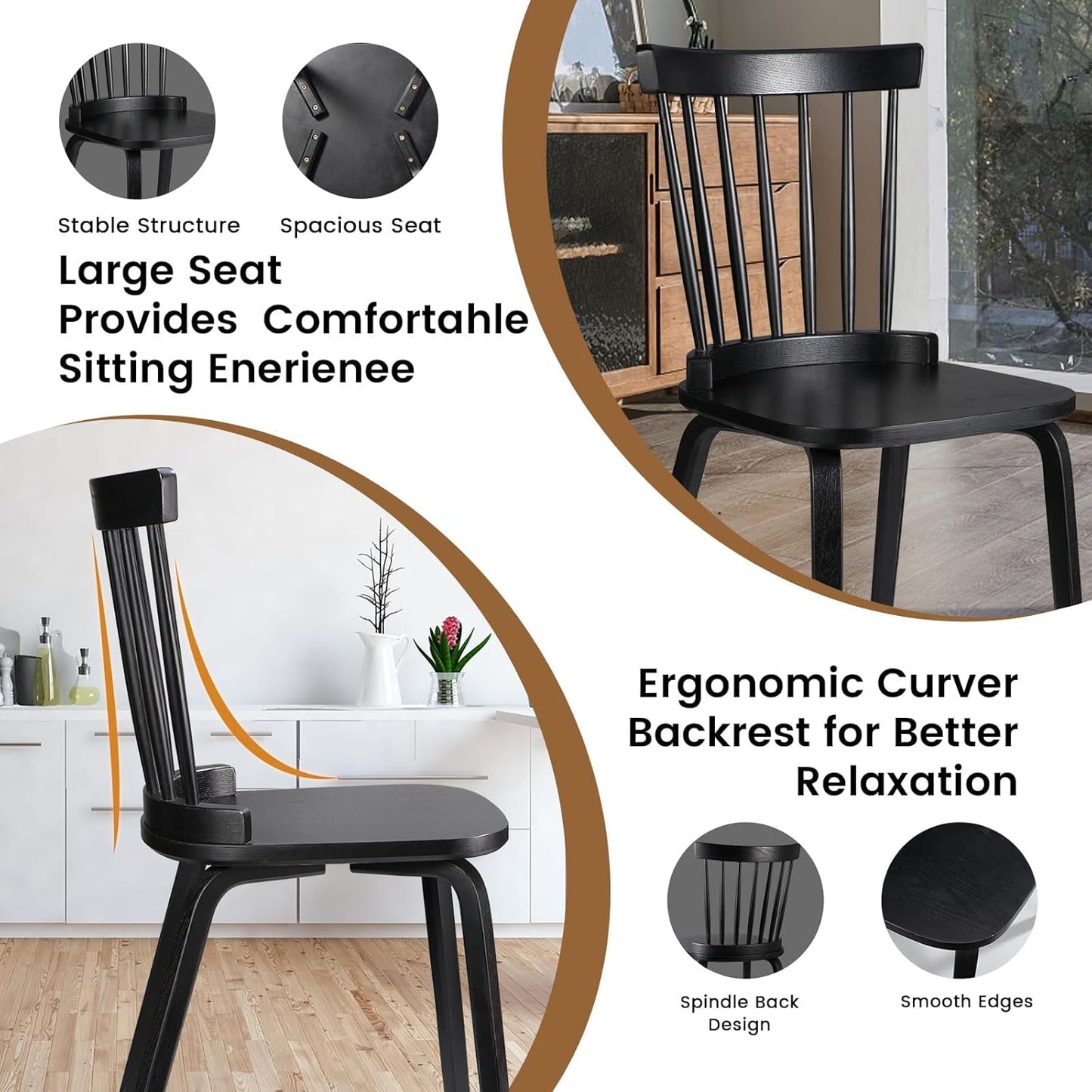 Unovivy Wood Dining Chairs Set of 6, Windsor Farmhouse Spindle Back, Widen Seat, Modern Mid-Century Country Style, for Living Room Restaurant, Black