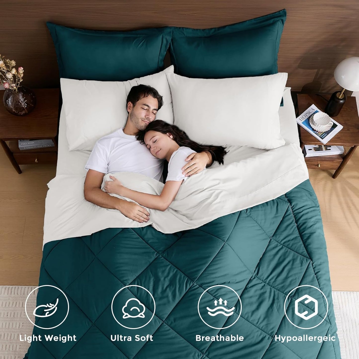 HEVUMYI Twin Comforter Set - 5-Piece All Season Bed in a Bag Twin, Ultra Soft Bedding Set with Comforter, Flat Sheet, Fitted Sheet, Pillowcases, Pillow Shams, Peacock Blue & Ivory