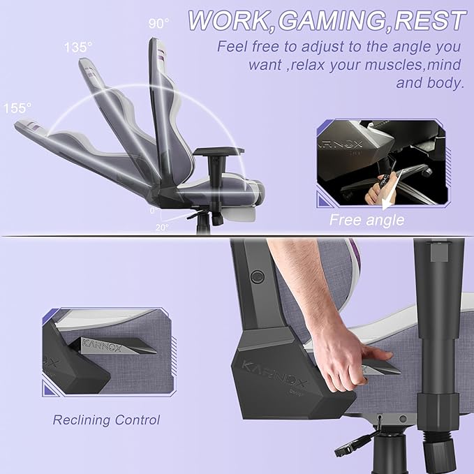 KORNOX Ergonomic Gaming Chair Fabric for Adults,Office Chair High Back,Game Chair Cloth Height Adjustable for Teens,Game Chair Racing with Headrest and Lumbar Support for Girl,White and Purple