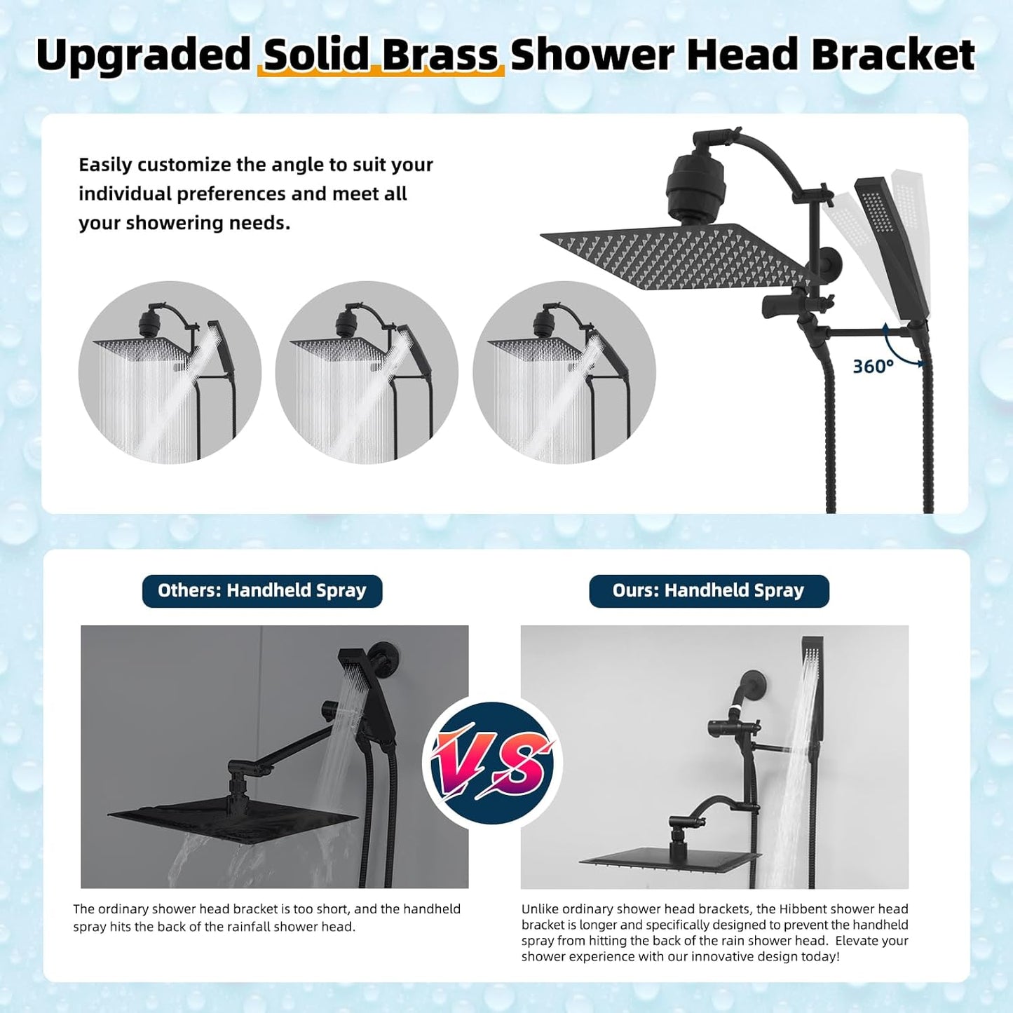 Hibbent All Metal 12'' Filtered Rainfall Shower Head with Handheld Combo, High Pressure Shower Wand, 16'' Adjustable Extension Arm, 20 Stage Shower Filter, 71'' Hose, Shower Holder, Matte Black