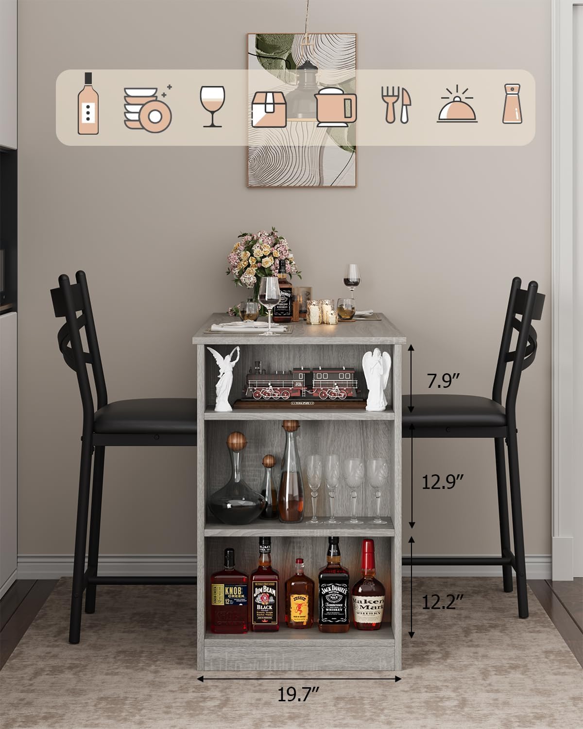 GAOMON 3 Piece Bar Table Set for 2, Bar Table and Chairs Set with with Flip Top Extension, Dining Table Set with Storage Shelves, Suitable for Small Space Kitchen Apartment, Grey