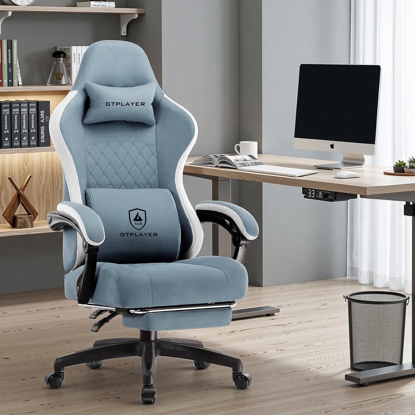 GTPLAYER Office Chair, Gaming Computer Desk Fabric Chair with Footrest, High Back Ergonomic Office Chair with Pocket Spring Lumbar Support and Linkage Armrests Adjustable Height Swivel for Home Task