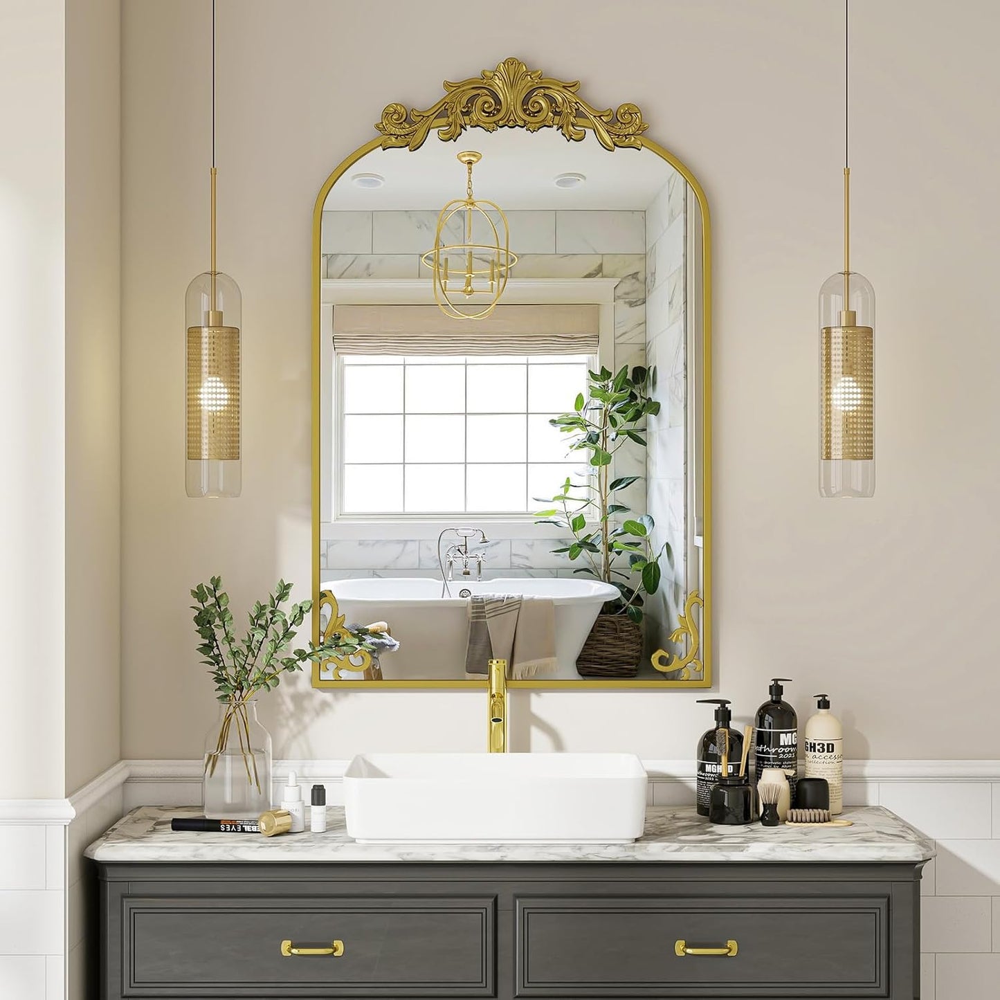 24x36 inch Vintage Arched Bathroom Mirror - Gorgeous Wall Vanity Mirror with Beautiful Retro Top and Bottom Engraving Process Frame for Entryway Hallway Living Room, Gold
