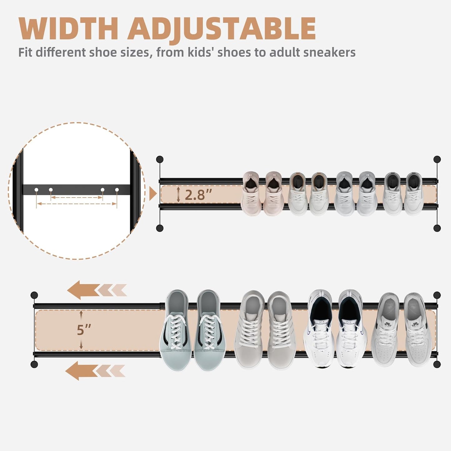 STORAGE MANIAC Long Expandable Shoe Rack, 18 Pairs Metal Wide Stackable Shoe Rack, Adjustable Shoes Shelf, Freestanding Shoes Organizer for Closet, Entryway, Hallway, Garage, Front Door, 3 Tiers