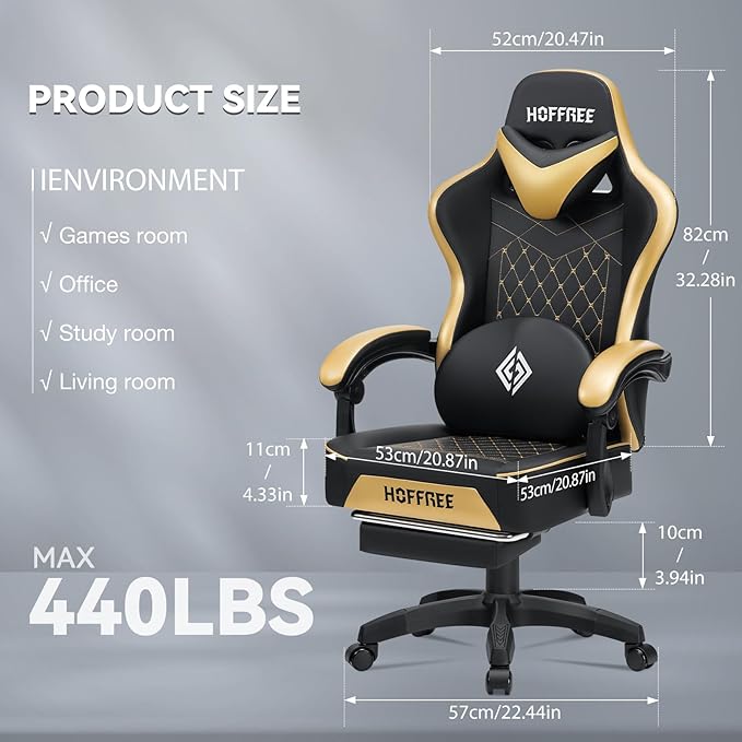 HOFFREE Gaming Chair with Speakers Massage Computer Gaming Chair with Pocket Spring Cushion for Adults Reclining Gamer Chair with Bluetooth Video Game Chairs with Footrest Gold and Black