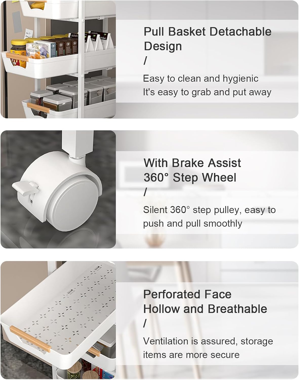 Aupekro 5-Tier Rolling Storage Cart with Wooden Top, Narrow Metal Kitchen Storage Cart, Versatile Mobile Shelving Unit Trolley, Pantry Utility Cart with Pull-Out Drawer (Black)