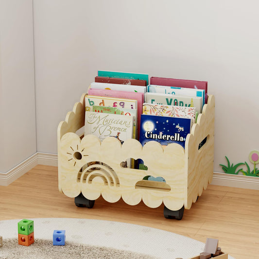 Wood Kids Bookshelf, Montessori Bookshelf, with 2 Adjustable Dividers, 4 Wheels Suitable Kids Rooms, Nursery & Classroom, Book Shelf for Kids Rooms, Toddler Book Rack, Nursery Book Shelves