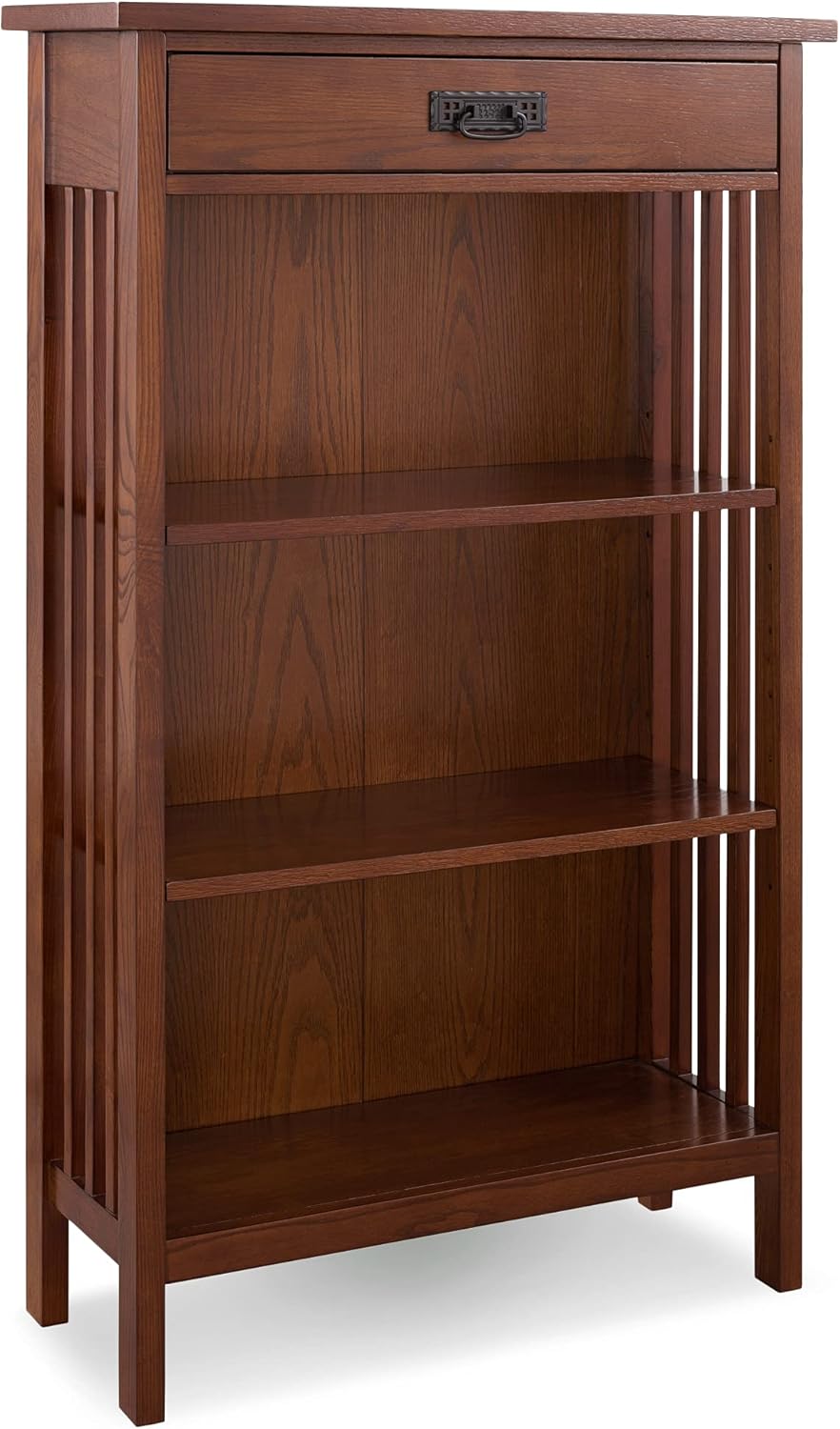 Leick Home 82262 Mission Mantel Height Bookcase with Slatted Sides and Top Drawer, Made with Solid Wood, for Living Rooms, Mission Oak Finish, Brownbronze