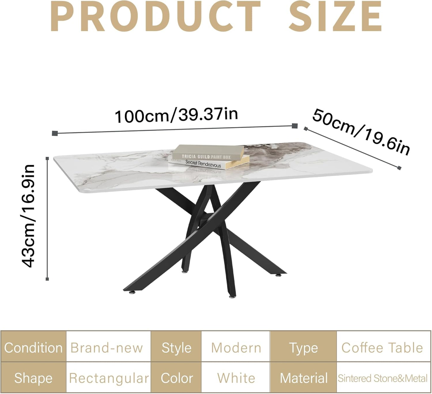 White Marble Coffee Table with Metal Legs, Rectangle Modern Sintered Stone Living Room Table for Home Office Living Room (40” x 20” x 17”)