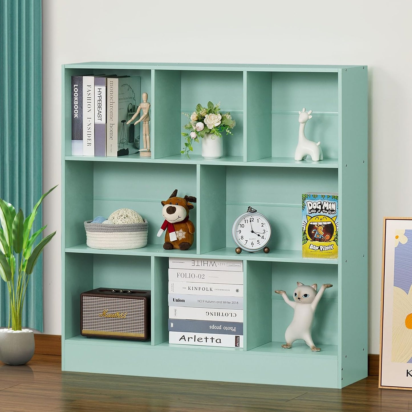 LEYAOYAO 8 Cube Bookshelf with Base,3 Tier Modern Mint-Green Kids Bookcase,Standing Wide Bookshelves Storage Organizer Toy Shelf,Wood Display Children's Book Shelves for Bedroom,Living Room,Nursery