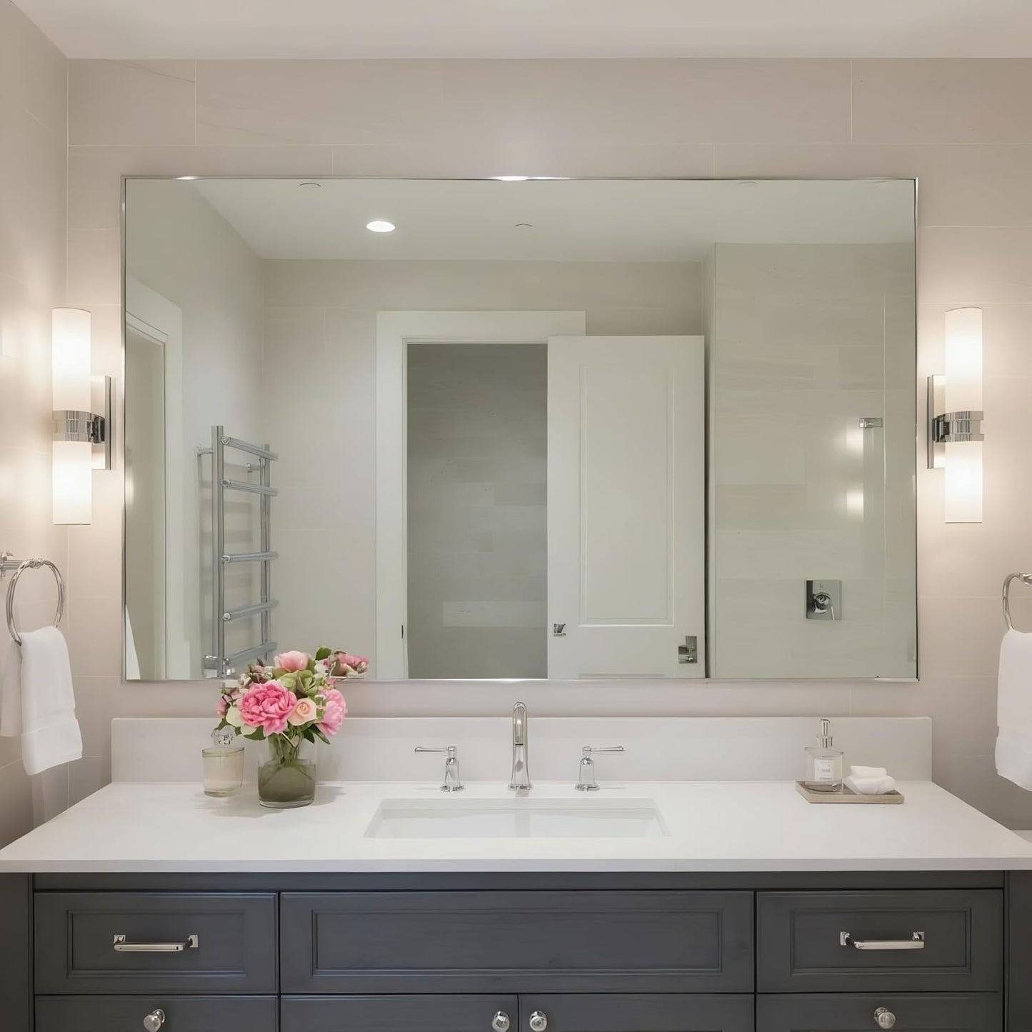 27x40 Inch Nickel Bathroom Mirror for Wall, Aluminum Frame Rectangle Rectangular Vanity Mirror, Modern Large for Bedroom, Living Room, Horizontal or Vertical