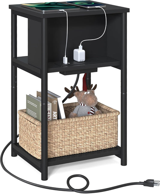 VASAGLE Side Table with Charging Station, 3-Tier End Table with USB Ports and Outlets, Nightstand for Living Room, Bedroom, 11.8 x 13.4 x 22.8 Inches, Plug-in Series, Black