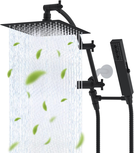 Hibbent All Metal 8'' Rainfall Shower Head, Square Shower Head Combo, High Pressure Handheld Shower Wand, 4 Sprays, 16'' Adjustable Arc-shaped Extension Arm, 71'' Hose, Showerhead Holder, Matte Black