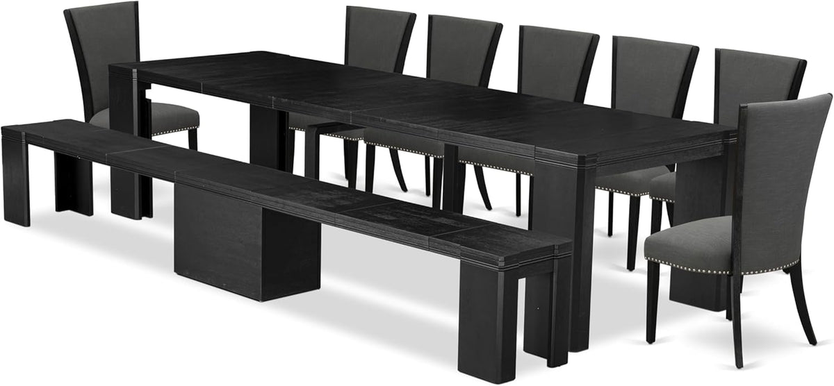 X07VE-B06-50 - 9-Pc Dining Room Table Set a Rectangular Dining Table and wooden Benches and 7 Dark Gotham Grey Linen Fabric Dining Chair, 39x120 Inch, Wire Brushed Black